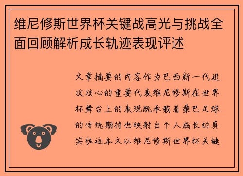 维尼修斯世界杯关键战高光与挑战全面回顾解析成长轨迹表现评述
