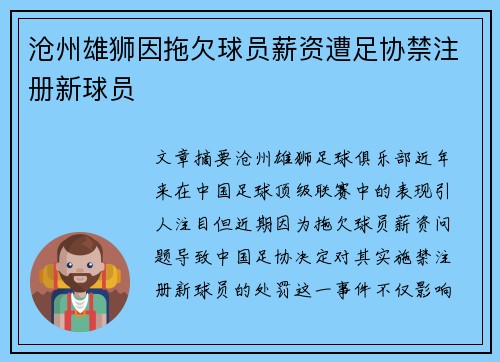 沧州雄狮因拖欠球员薪资遭足协禁注册新球员