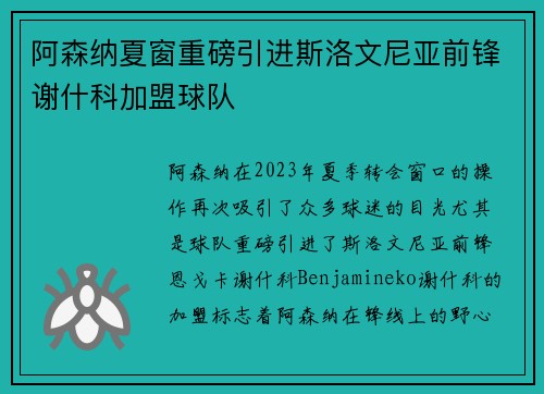 阿森纳夏窗重磅引进斯洛文尼亚前锋谢什科加盟球队