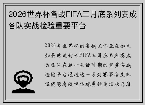 2026世界杯备战FIFA三月底系列赛成各队实战检验重要平台